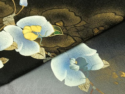 平和屋着物●螺鈿作家　藤本隆士　訪問着　草花文　暈し染め　黒地　金銀彩　正絹　逸品　AABH0785fy