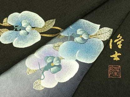 平和屋着物●螺鈿作家　藤本隆士　訪問着　草花文　暈し染め　黒地　金銀彩　正絹　逸品　AABH0785fy