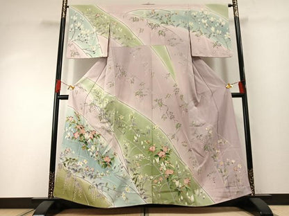 平和屋着物●訪問着　友禅　枝花文　暈し染め　正絹　逸品　AABH0788fy