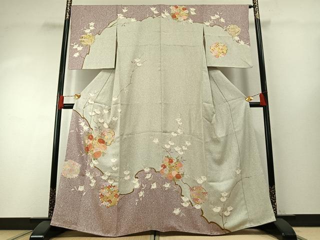 平和屋着物●訪問着　友禅　駒刺繍　枝花文　金彩　正絹　逸品　AABH0790fy
