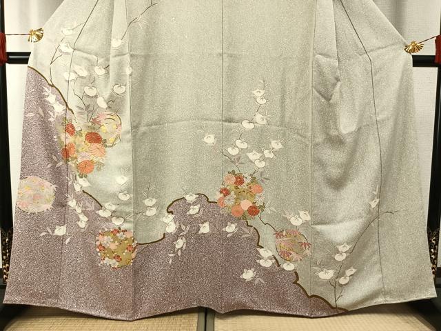 平和屋着物●訪問着　友禅　駒刺繍　枝花文　金彩　正絹　逸品　AABH0790fy