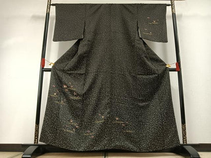 平和屋着物●訪問着　駒刺繍　草花文　黒地　金糸　金彩　越後屋　正絹　逸品　AABH0791fy