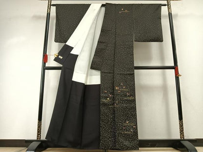 平和屋着物●訪問着　駒刺繍　草花文　黒地　金糸　金彩　越後屋　正絹　逸品　AABH0791fy
