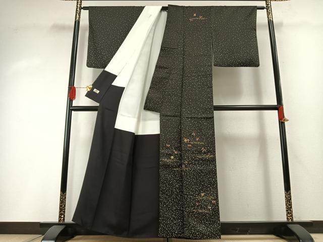 平和屋着物●訪問着　駒刺繍　草花文　黒地　金糸　金彩　越後屋　正絹　逸品　AABH0791fy