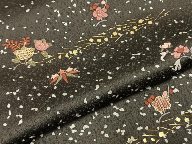 平和屋着物●訪問着　駒刺繍　草花文　黒地　金糸　金彩　越後屋　正絹　逸品　AABH0791fy