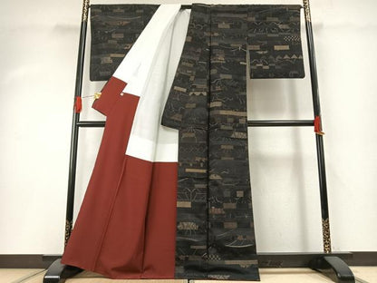 平和屋着物●小千谷紬　越後国・縮屋次郎　横段文　正絹　逸品　AABH0793fy