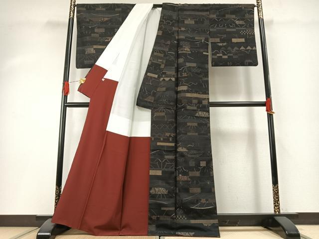 平和屋着物●小千谷紬　越後国・縮屋次郎　横段文　正絹　逸品　AABH0793fy