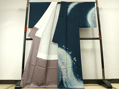 平和屋着物●訪問着　舞花文　暈し染め　金彩　銀通し地　ロング丈　正絹　逸品　AABH0794fy
