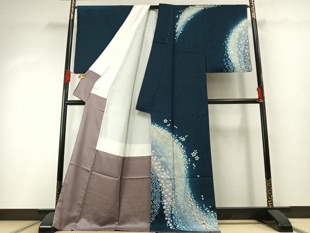 平和屋着物●訪問着　舞花文　暈し染め　金彩　銀通し地　ロング丈　正絹　逸品　AABH0794fy