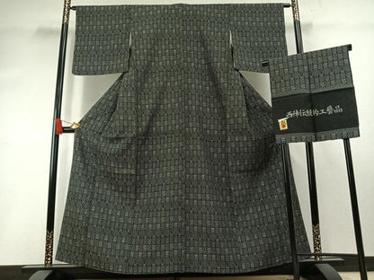 平和屋着物●西陣　お召　市松文様　反端付き　正絹　逸品　AABH0797fy