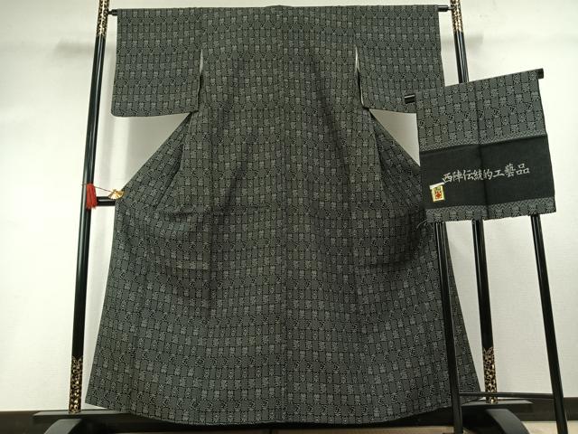 平和屋着物●西陣　お召　市松文様　反端付き　正絹　逸品　AABH0797fy