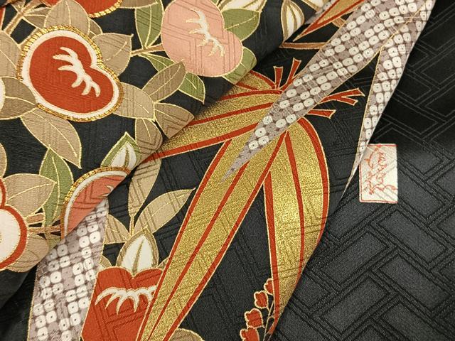 平和屋着物●十日町老舗ブランド　吉澤友禅　吾妻徳穂　振袖　駒刺繍　枝花文　黒地　仮絵羽　逸品　未使用　AABH0798fy