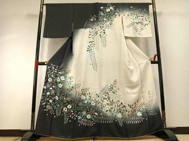 平和屋着物●螺鈿作家　甲斐泰造　訪問着　辻が花　暈し染め　銀通し地　正絹　逸品　AABH0805fy