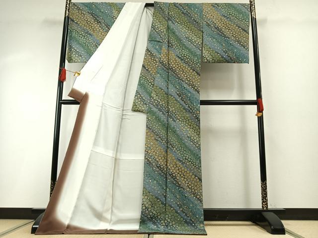 平和屋着物●上質な小紋　泥引染　舞花文　金通し地　反端付き　ロング丈　正絹　逸品　AABH0811fy