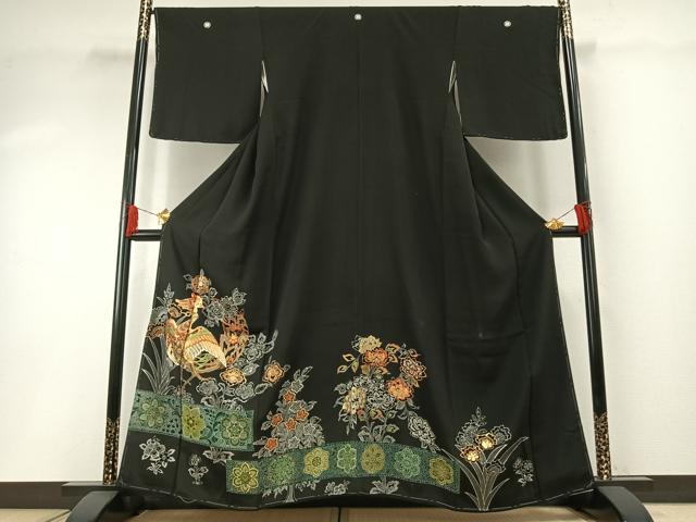 平和屋着物●創業460年・千總　黒留袖　駒刺繍　花鳥文　金糸　三越扱い　正絹　逸品　AABH0812fy