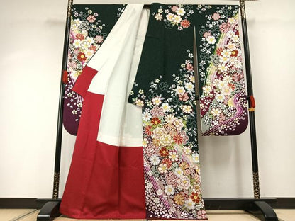 平和屋着物●豪華振袖　駒刺繍　草花文　暈し染め　金彩　銀通し地　正絹　逸品　AABH0816fy