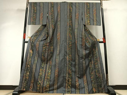 平和屋着物●本場大島紬　染大島　刺繍　花鳥間道　金糸　正絹　逸品　AABH0823fy
