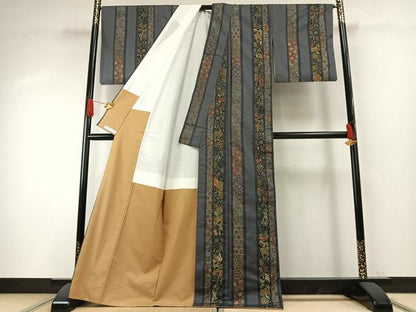 平和屋着物●本場大島紬　染大島　刺繍　花鳥間道　金糸　正絹　逸品　AABH0823fy