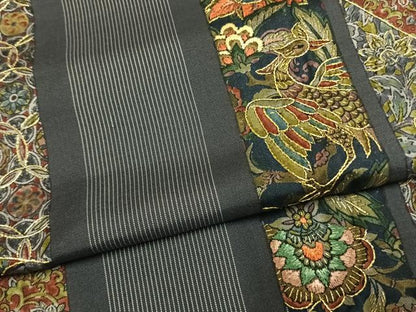 平和屋着物●本場大島紬　染大島　刺繍　花鳥間道　金糸　正絹　逸品　AABH0823fy