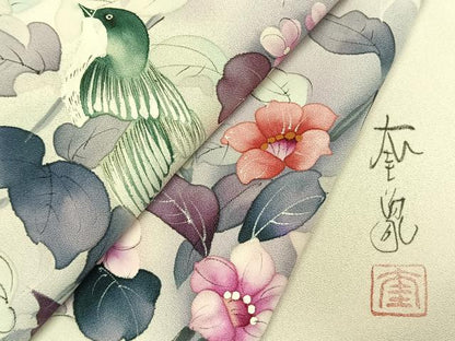 平和屋着物●訪問着　作家物　手描き　花鳥文　暈し染め　正絹　逸品　AABH0826fy