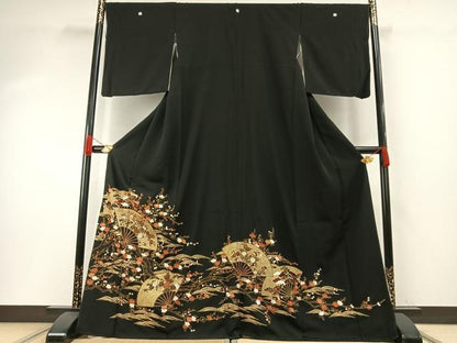 平和屋着物●中国三大刺繍　総刺繍　スワトウ刺繍　汕頭刺繍　黒留袖　扇面花文　金糸　松坂屋扱い　正絹　逸品　AABH0834fy