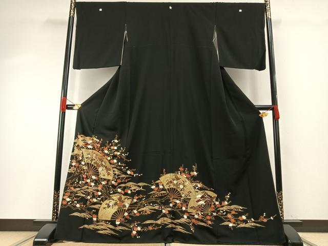平和屋着物●中国三大刺繍　総刺繍　スワトウ刺繍　汕頭刺繍　黒留袖　扇面花文　金糸　松坂屋扱い　正絹　逸品　AABH0834fy