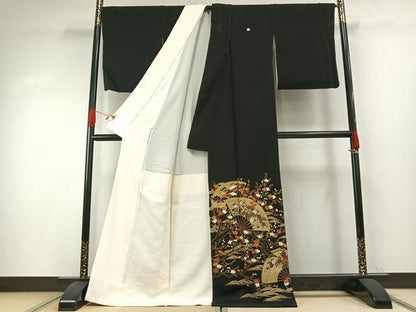 平和屋着物●中国三大刺繍　総刺繍　スワトウ刺繍　汕頭刺繍　黒留袖　扇面花文　金糸　松坂屋扱い　正絹　逸品　AABH0834fy