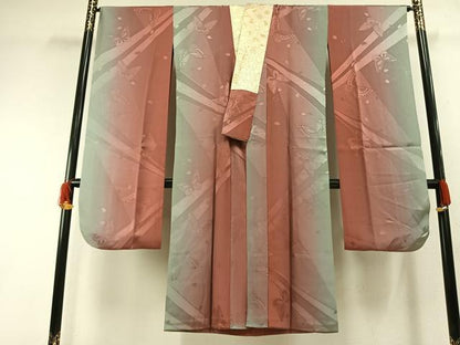 平和屋着物●振袖用長襦袢　無双仕立て　舞蝶地紋　広衿仕立て　金襴　正絹　逸品　AABH0861fy