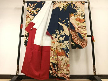 平和屋着物●豪華振袖　駒刺繍　御所車花文　金彩　京都きもの友禅扱い　正絹　逸品　AABH0867fy