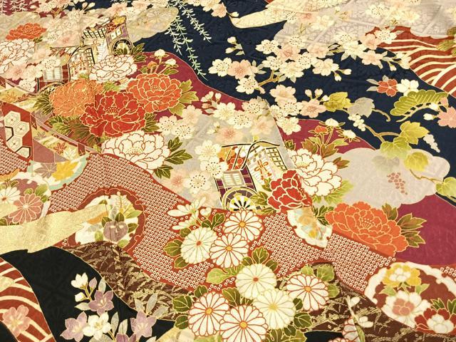 平和屋着物●豪華振袖　駒刺繍　御所車花文　金彩　京都きもの友禅扱い　正絹　逸品　AABH0867fy