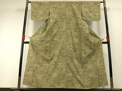 平和屋着物●結城ちぢみ　草花文　正絹　逸品　AABH0876fy