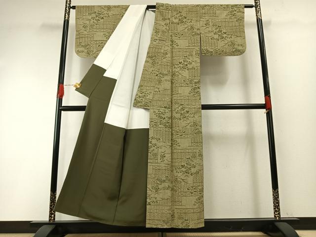 平和屋着物●結城ちぢみ　草花文　正絹　逸品　AABH0876fy
