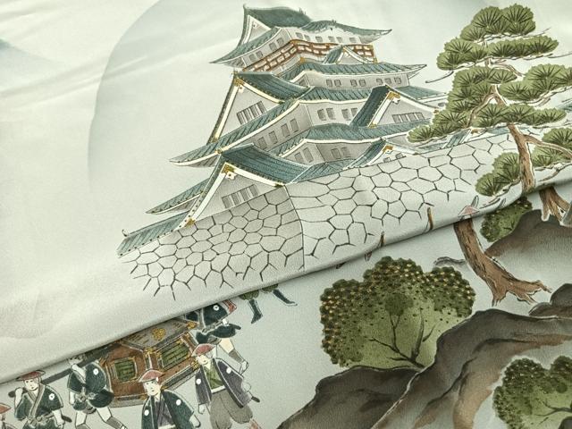 平和屋着物●男性　長襦袢　無双仕立て　手描き　風景人物文　金彩　正絹　逸品　AABH0885fy