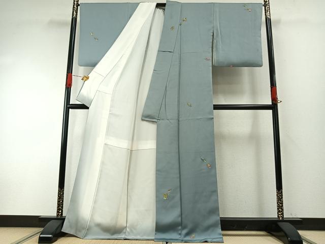 平和屋着物●上質な小紋　舞葉文　金彩　丹後ちりめん　反端付き　正絹　逸品　AABH0892fy 平和屋着物○上質な小紋 舞葉文 金彩 丹後ちりめん 反端付き 正絹 逸品