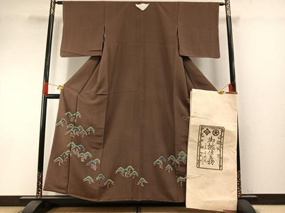 平和屋着物●訪問着　友禅　刺繍　枝松文　小大丸　たとう紙付き　正絹　逸品　AABH0894fy