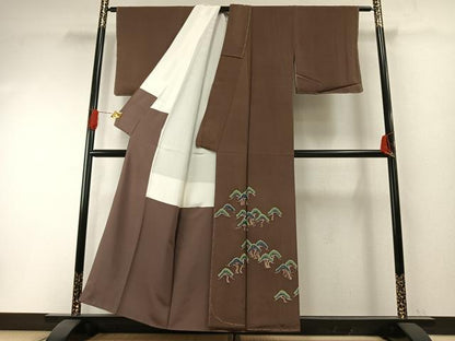 平和屋着物●訪問着　友禅　刺繍　枝松文　小大丸　たとう紙付き　正絹　逸品　AABH0894fy