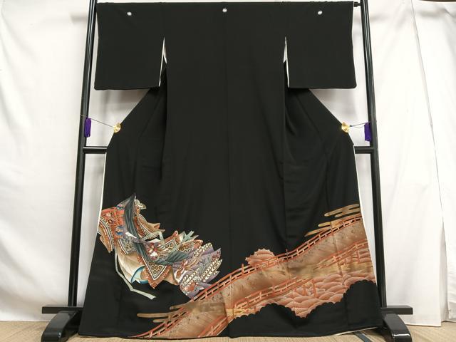 平和屋着物■豪華黒留袖 女人渡橋文 金糸 金彩 正絹 逸品 AABH0970oa