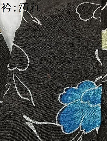 平和屋着物■小紋 枝花文 黒地 洗える着物 AABH0997oa