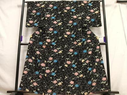 平和屋着物■小紋 枝花文 黒地 洗える着物 AABH0997oa