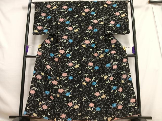 平和屋着物■小紋 枝花文 黒地 洗える着物 AABH0997oa