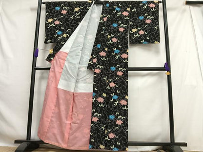 平和屋着物■小紋 枝花文 黒地 洗える着物 AABH0997oa