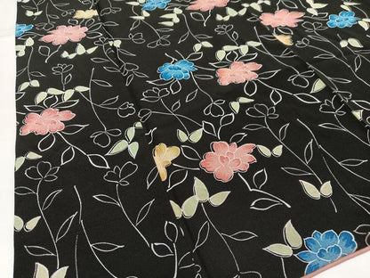 平和屋着物■小紋 枝花文 黒地 洗える着物 AABH0997oa