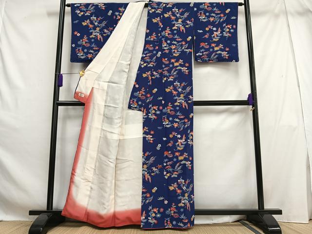 平和屋着物▽上質な小紋　単衣　本藍　型染め　草花文　正絹　逸品　AAAV2867fy 平和屋着物▽上質な小紋 単衣 本藍 型染め 草花文 正絹 逸品