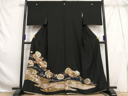 平和屋着物■豪華黒留袖　駒刺繍　貝絵合わせ松竹梅文　金彩　正絹　逸品　AABH1075oa