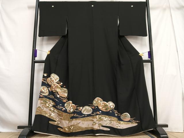 平和屋着物■豪華黒留袖　駒刺繍　貝絵合わせ松竹梅文　金彩　正絹　逸品　AABH1075oa