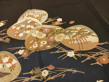 平和屋着物■豪華黒留袖　駒刺繍　貝絵合わせ松竹梅文　金彩　正絹　逸品　AABH1075oa