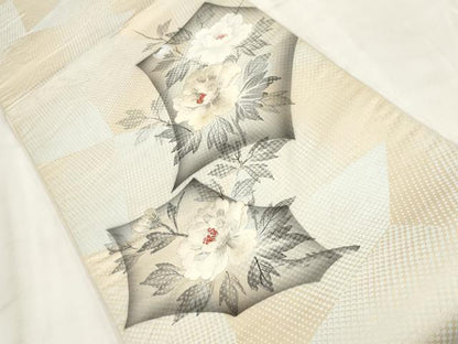 平和屋着物◎太鼓柄袋帯　刺繍　草花文　銀糸　正絹　逸品　AABH1133wj