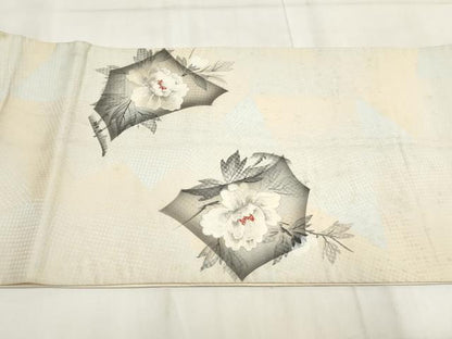 平和屋着物◎太鼓柄袋帯　刺繍　草花文　銀糸　正絹　逸品　AABH1133wj