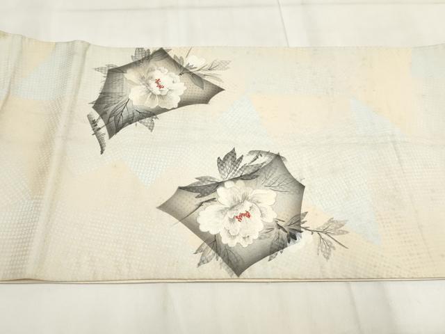 平和屋着物◎太鼓柄袋帯　刺繍　草花文　銀糸　正絹　逸品　AABH1133wj