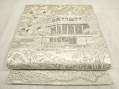 平和屋着物◎全通柄袋帯　飛鶴風景文　プラチナ箔　銀糸　正絹　逸品　AABH1140wj